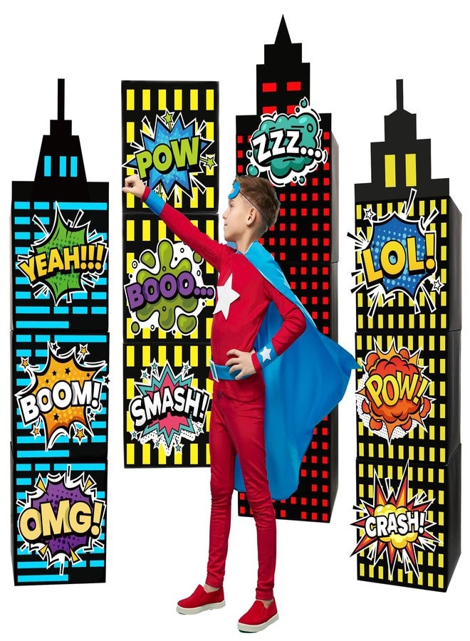 BLSUREFYX 25pcs Skyscraper Party Decoration Large Super Themed Hero Background Box City Skyline Building Party Decor Include 12 Skyscraper Box 10 Sticker 3 Roof for Boy Girl Comic Book Themed Party Supplies - Image 1